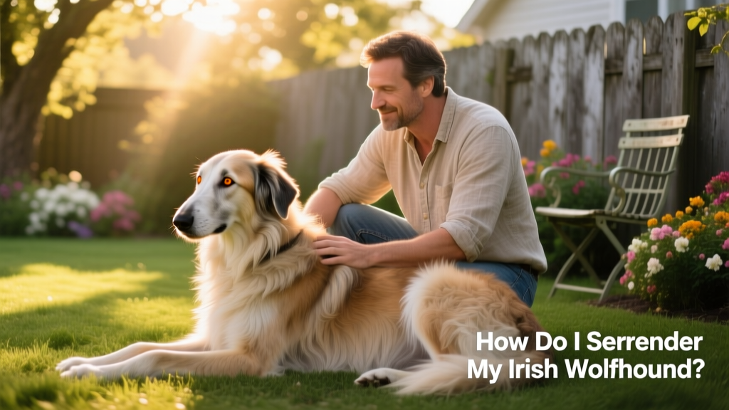 A gentle Irish Wolfhound sitting calmly beside its owner in a sunlit backyard