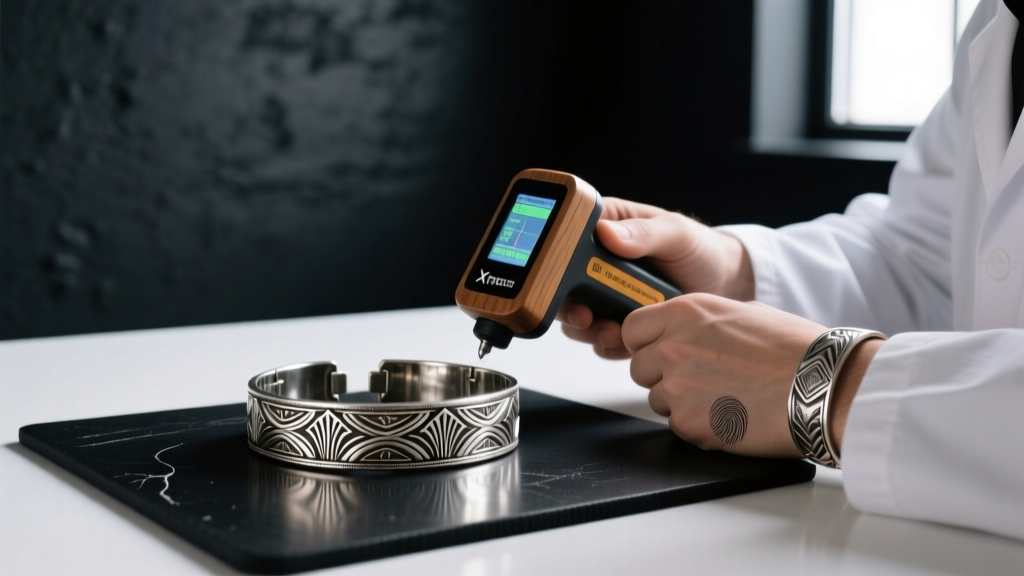 Jeweler using a handheld XRF spectrometer to test the elemental composition of a vintage silver bracelet on a dark rubber mat.