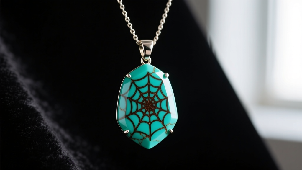 Macro photography of a high-grade green turquoise necklace pendant featuring a dark brown spiderweb matrix against black velvet.