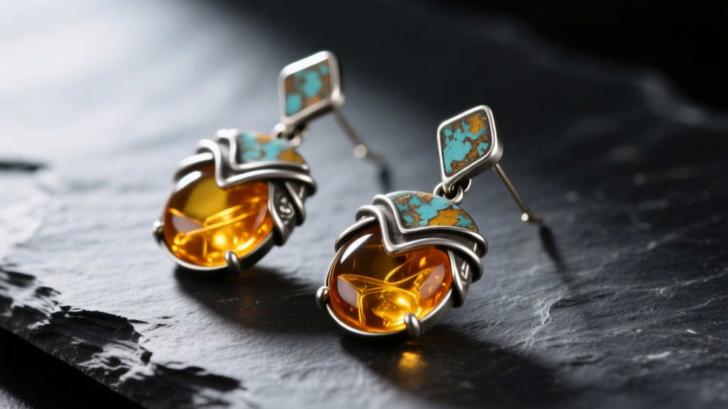 Close-up of mixed-media artisan earrings with oxidized silver and amber resin on dark slate under soft directional lighting.