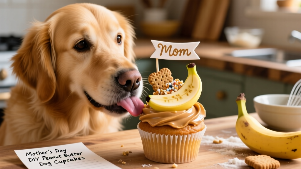 A happy dog gently licking peanut butter frosting off a freshly decorated dog cupcake