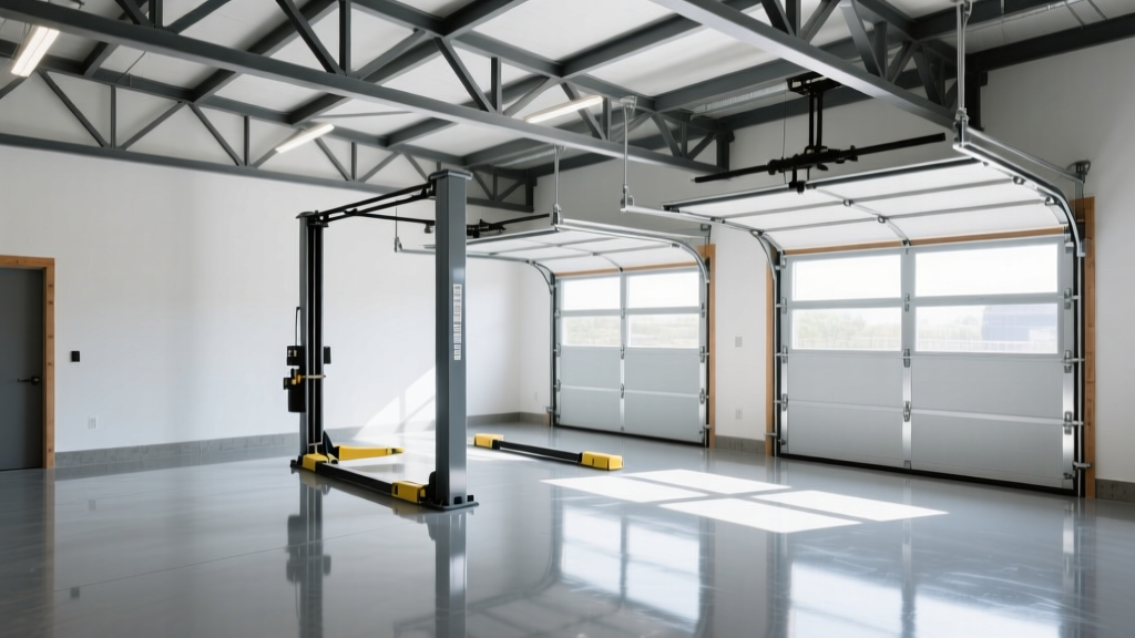 Newly constructed three-car detached garage with epoxy flooring, steel lift, and exposed truss ceiling in bright daylight.