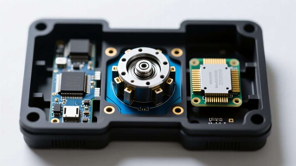 Overhead view of a disassembled custom macro pad showing a rotary encoder, hot-swap PCB socket, and a 3D-printed matte black PLA case.