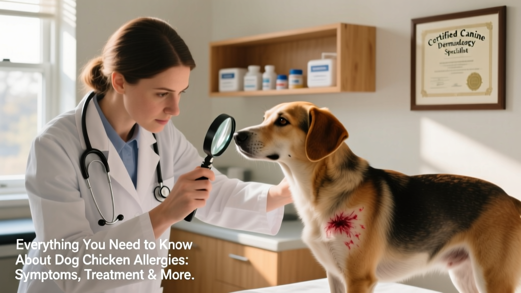 Veterinarian examining a dog's skin during a clinical exam, using a magnifying tool