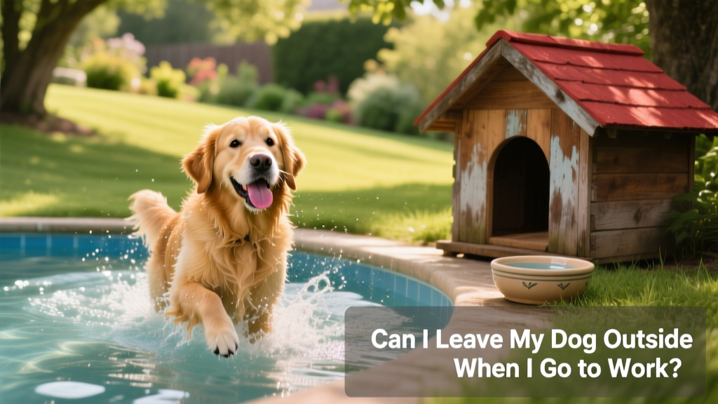 A happy dog playing in a shaded wading pool with a nearby dog house and water bowl