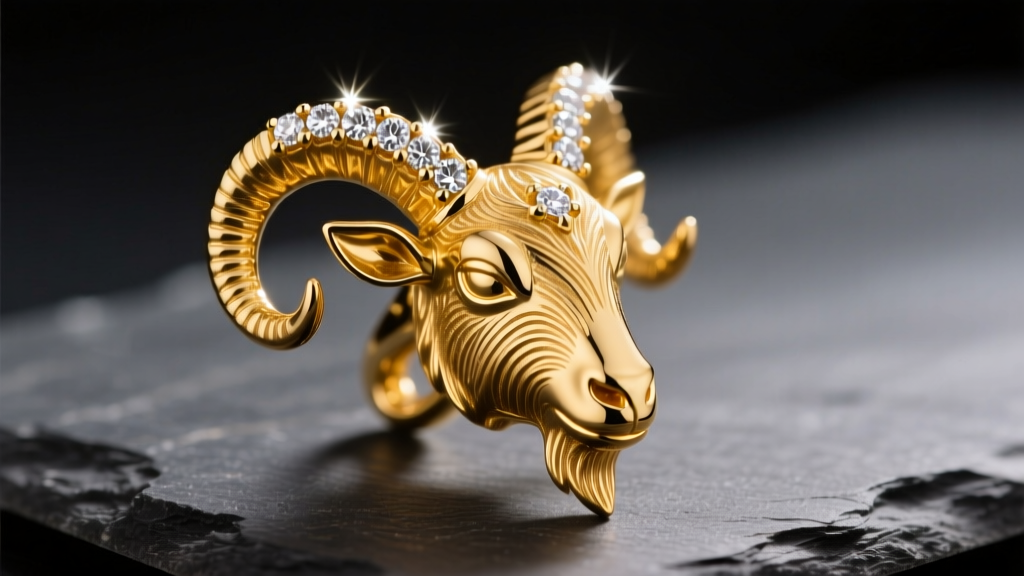Macro shot of an 18k yellow gold goat head pendant with pavé diamond horns, resting on dark slate under soft studio lighting