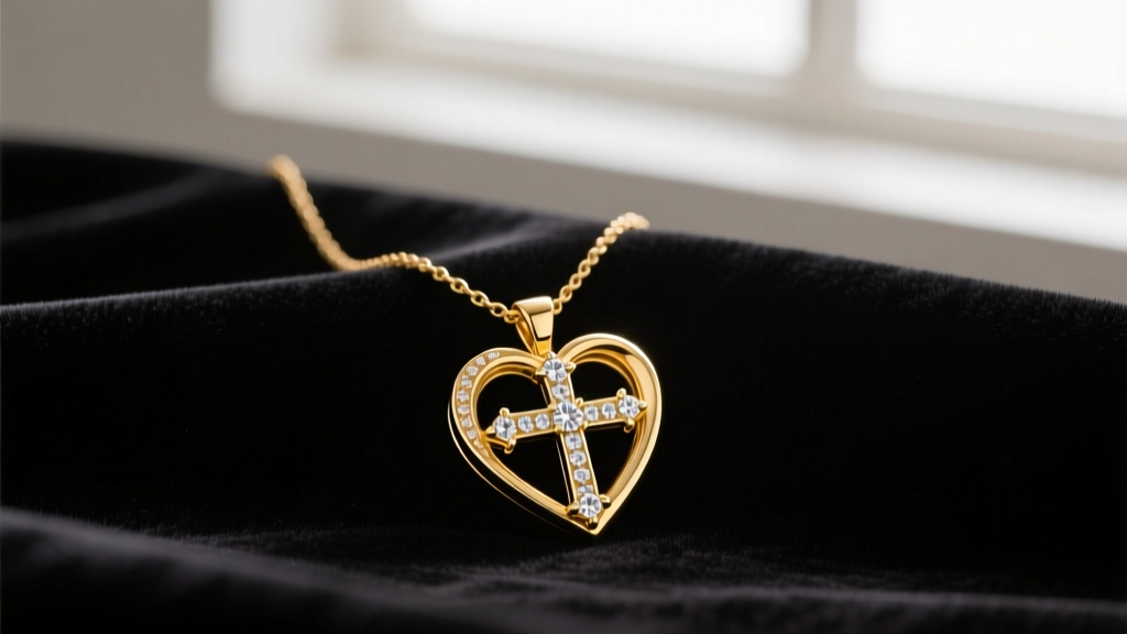 Elegant 14k yellow gold necklace with a delicate heart pendant intertwined with a diamond cross resting on dark velvet fabric.