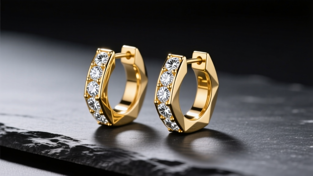 Modern 18k yellow gold geometric huggie earrings with flush-set lab diamonds resting on dark slate under bright studio lighting.