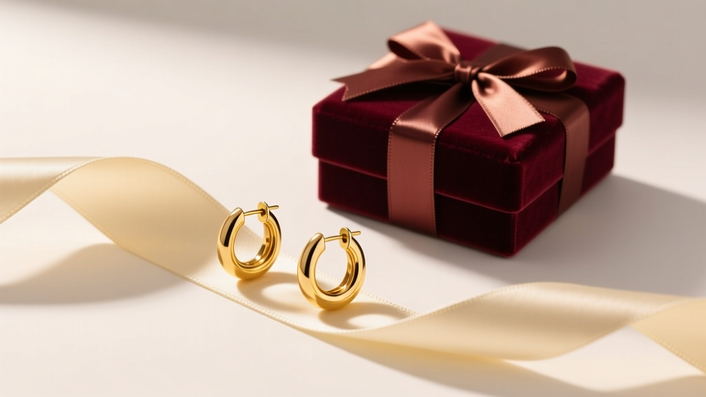 Flat lay of 18 karat gold plated huggie earrings on a cream silk ribbon next to a velvet gift box, soft warm studio lighting