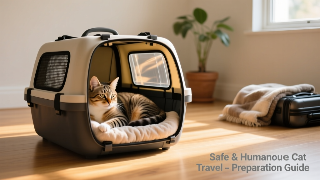 A calm, relaxed cat resting inside a well-ventilated, airline-approved carrier with soft bedding