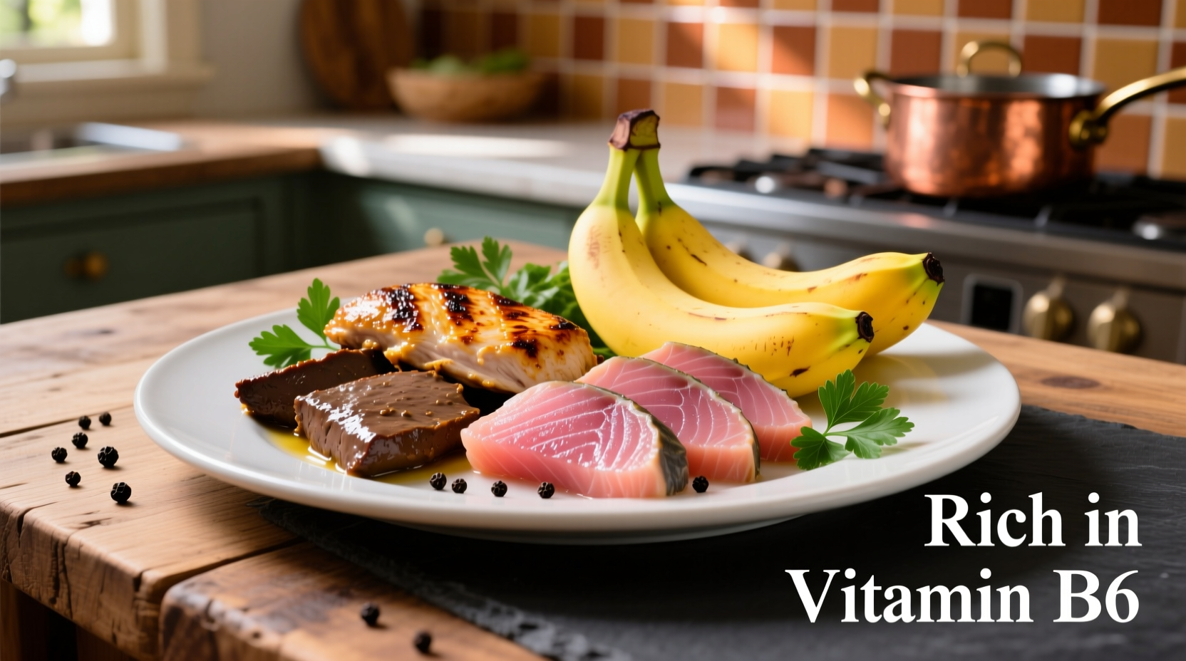 Colorful plate of vitamin B6 rich foods including chicken liver, tuna, and bananas
