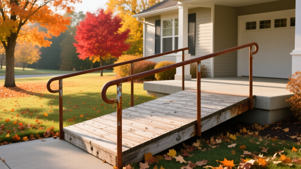 Weathered pressure-treated wooden wheelchair ramp with sturdy handrails leading up to a concrete porch of a suburban home in autumn