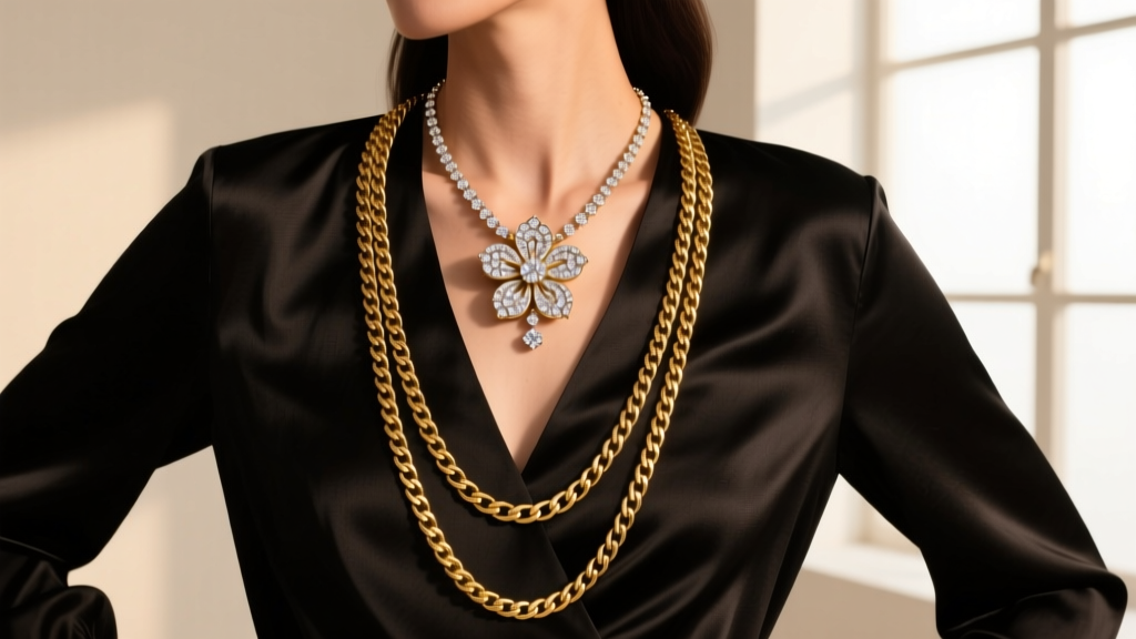 Model layering a 16-inch gold chain and a 20-inch diamond-encrusted designer flower necklace over a black silk V-neck blouse.