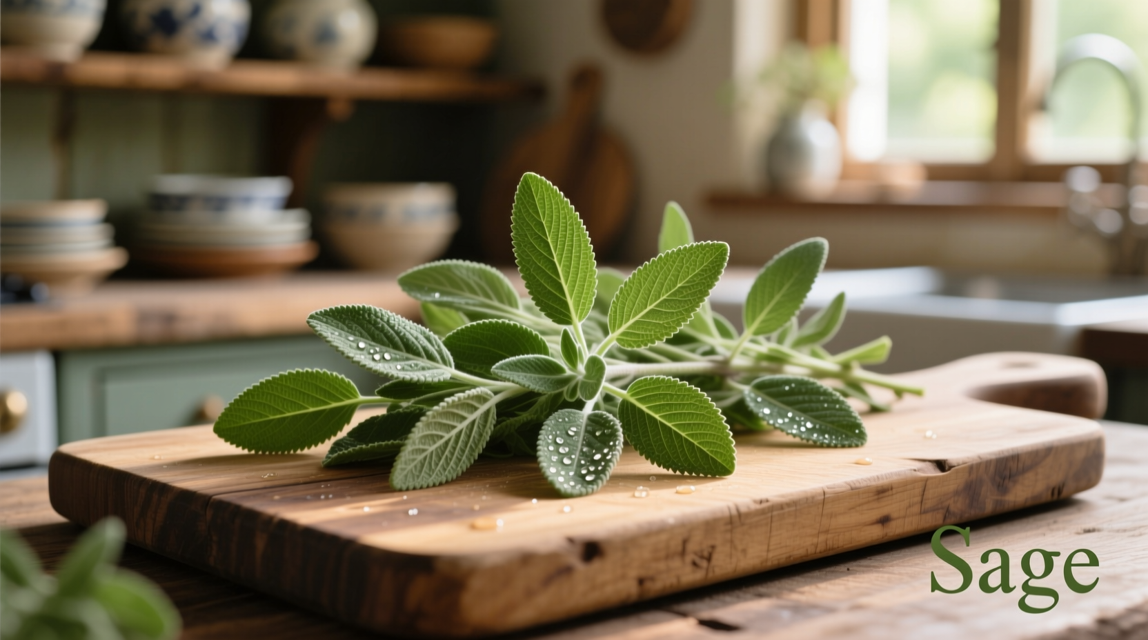 Fresh sage leaves on wooden cutting board