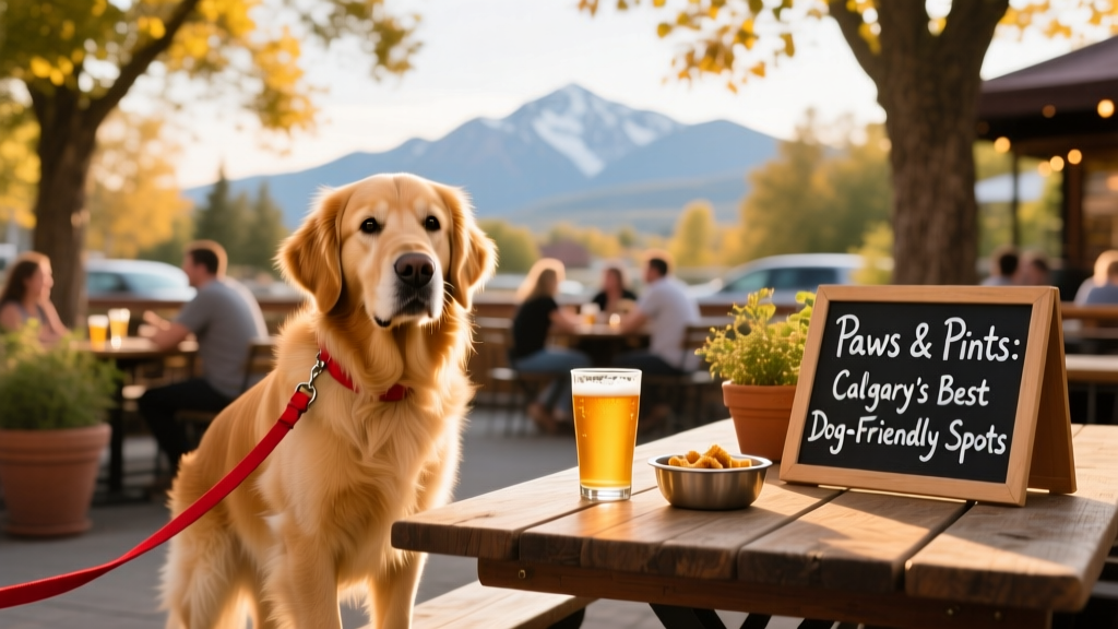 A dog on a red leash stands beside a table in a dog-friendly beer garden