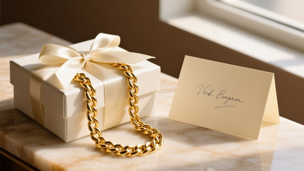Wrapped anniversary gift box containing a heavy 14k yellow gold Cuban link chain, placed next to a handwritten greeting card
