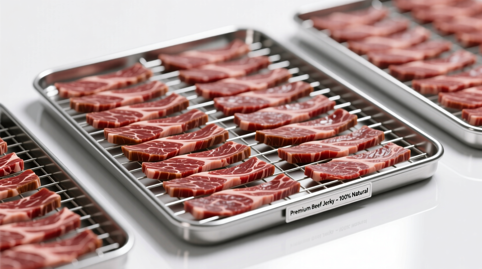 Properly sliced beef strips arranged on dehydrator trays