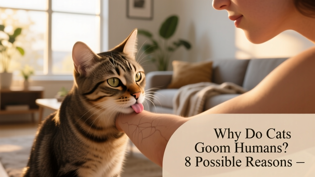 Cat nuzzling and licking a person's forearm while making eye contact