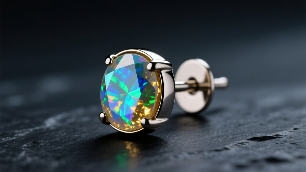 Close-up of an 18-gauge titanium flat-back earring with a threadless opal end on dark slate, soft studio lighting