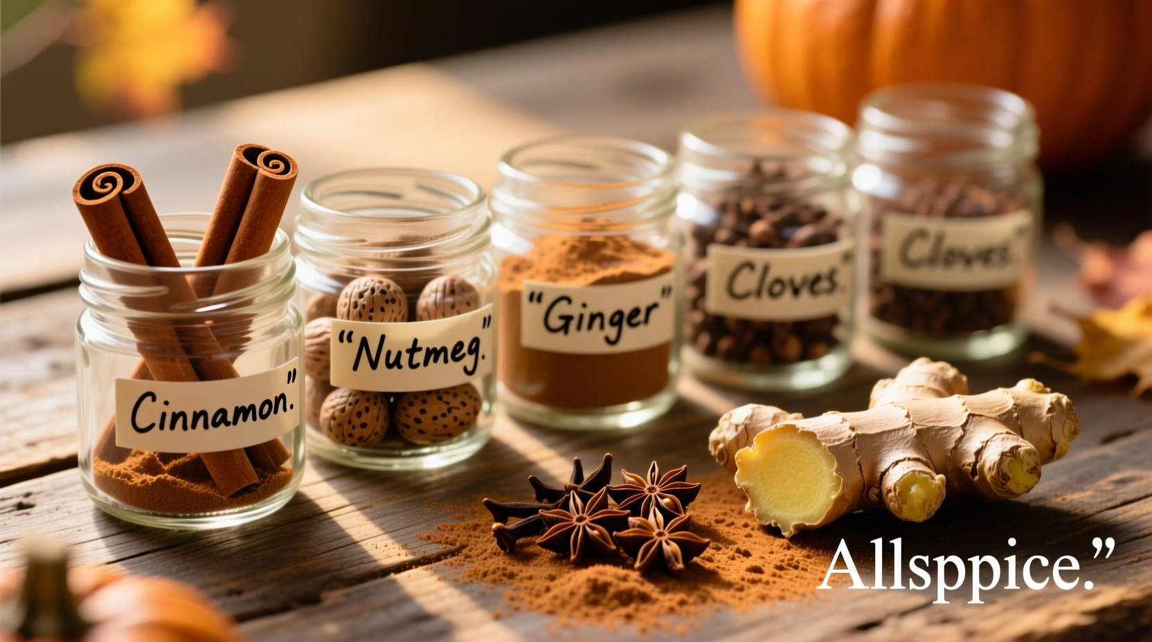 Close-up of pumpkin pie spice ingredients in glass jars