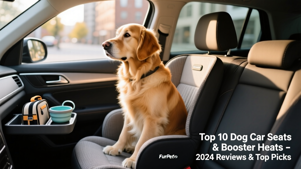 Dog sitting upright in the FurPetVo Lookout II car seat, looking out the window, with storage tray visible beside them