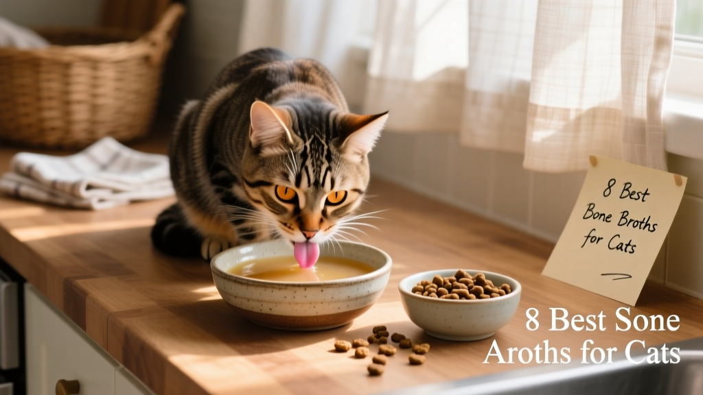 A cat gently lapping bone broth from a shallow ceramic bowl beside a bowl of dry kibble