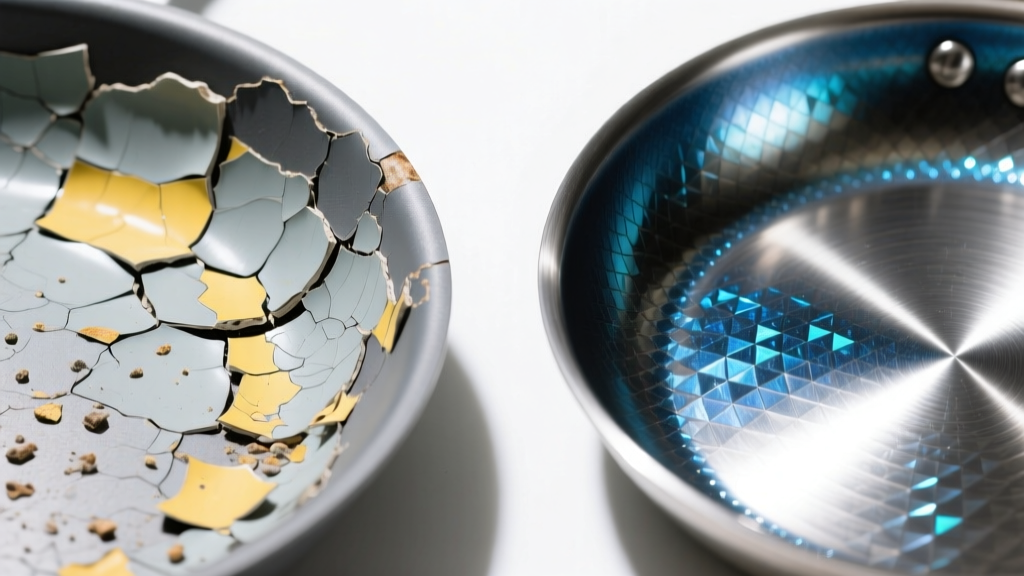 Macro view comparing a flaking traditional PTFE non-stick skillet coating next to an intact diamond-reinforced ceramic titanium pan surface.
