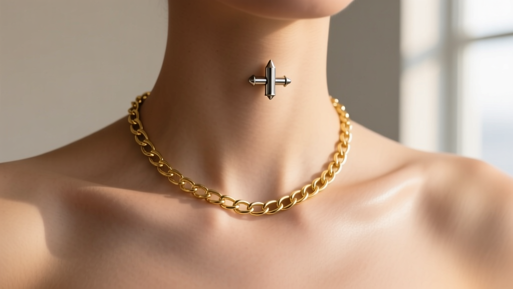 Delicate gold body chain necklace draping across the collarbone, attached to a polished titanium dermal anchor piercing