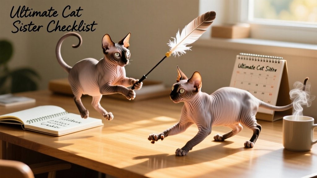 two playful Sphynx cats interacting with a feather teaser wand on a sunlit desk