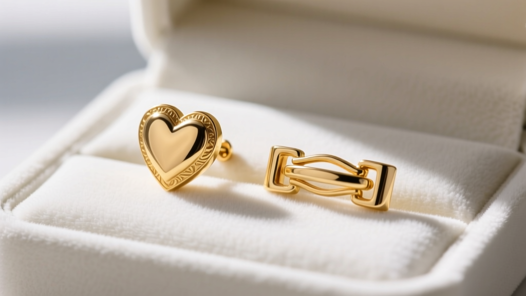 Macro shot of a 14k gold heart earring and 18k gold clasp showing subtle color differences on a white velvet jewelry display.