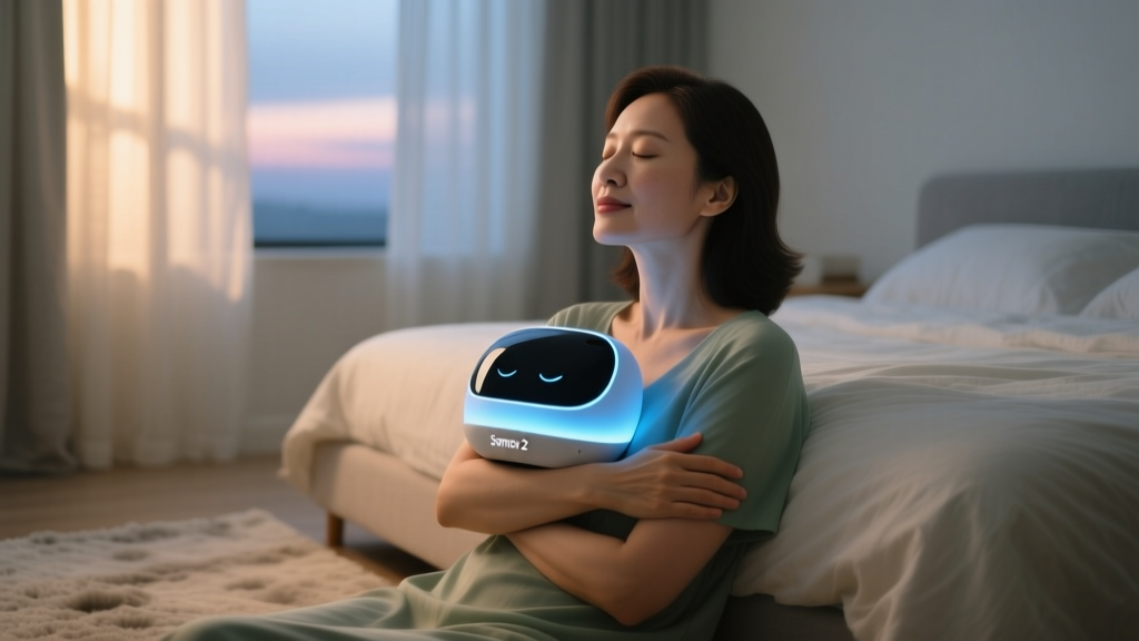 Woman holding the Somnox 2 sleep robot against her chest while practicing deep breathing exercises in a dimly lit bedroom