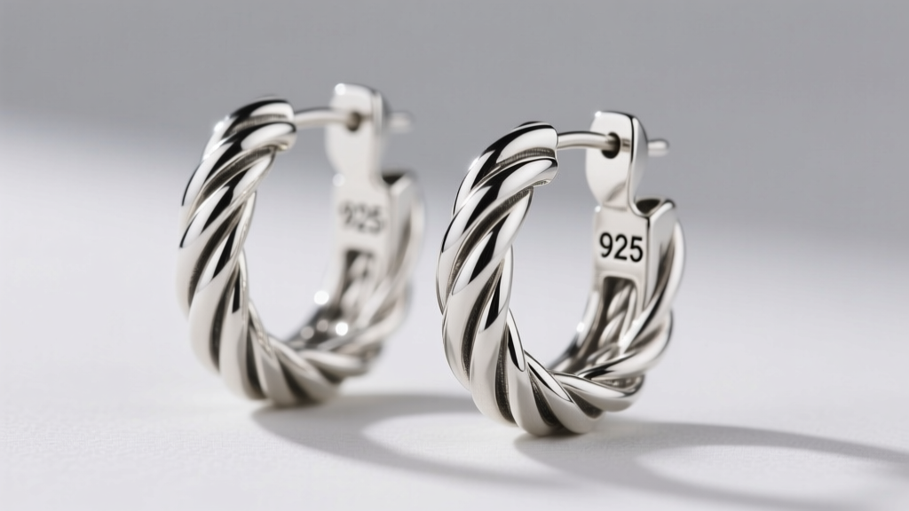 Macro shot of authentic sterling silver Yurman cable earrings showing the precise helix twist and crisp 925 hallmark stamp