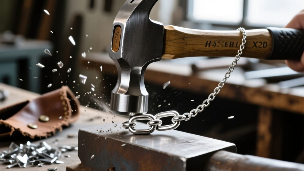 Close-up of a steel hammer striking a silver necklace link, demonstrating traditional metalworking and strain-hardening methods