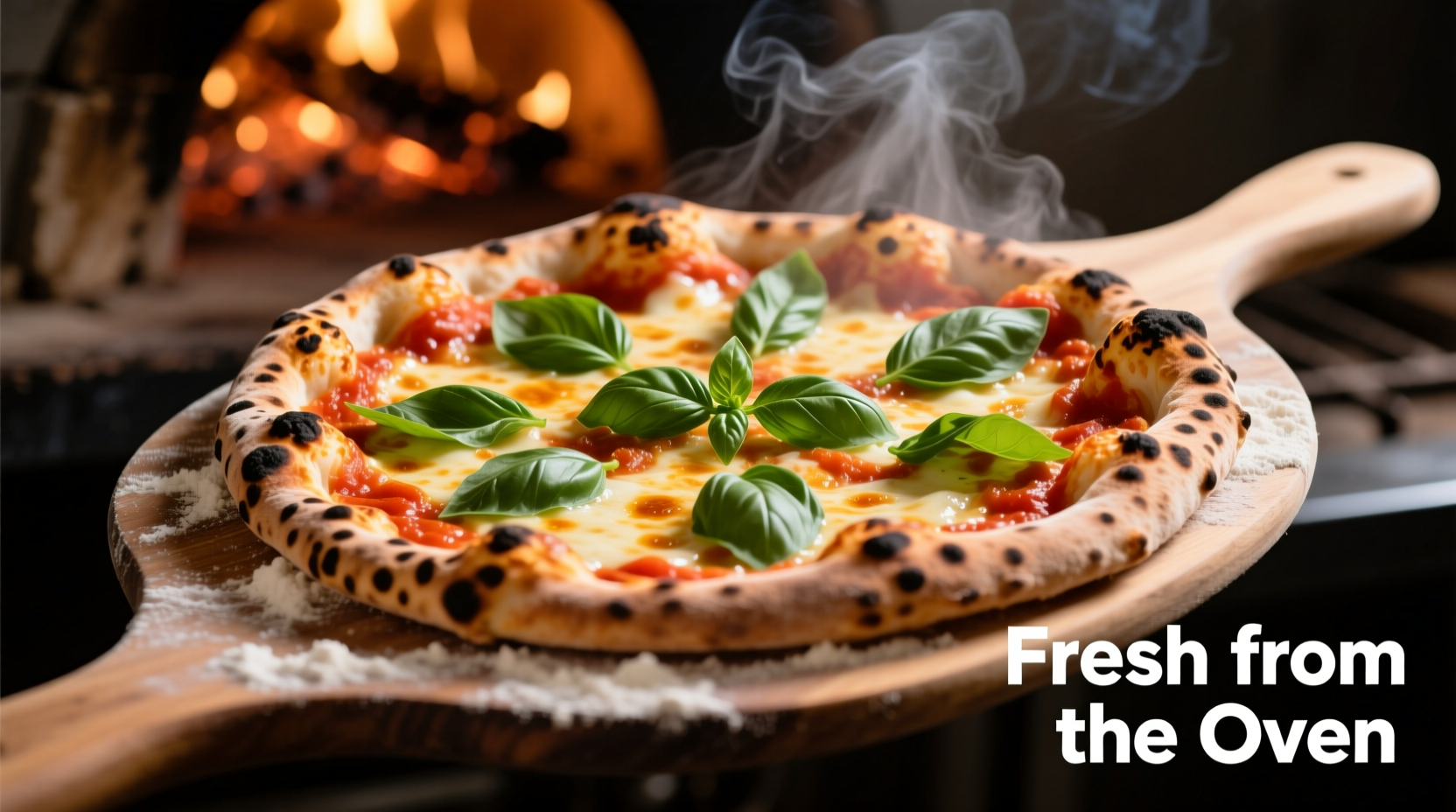 Wood-fired pizza with fresh basil garnish