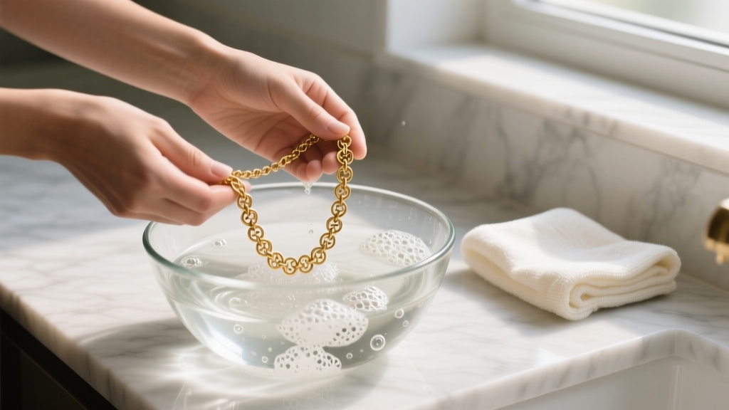 Hands gently washing a delicate gold plated chain necklace in a glass bowl of lukewarm soapy water, microfiber cloth nearby.