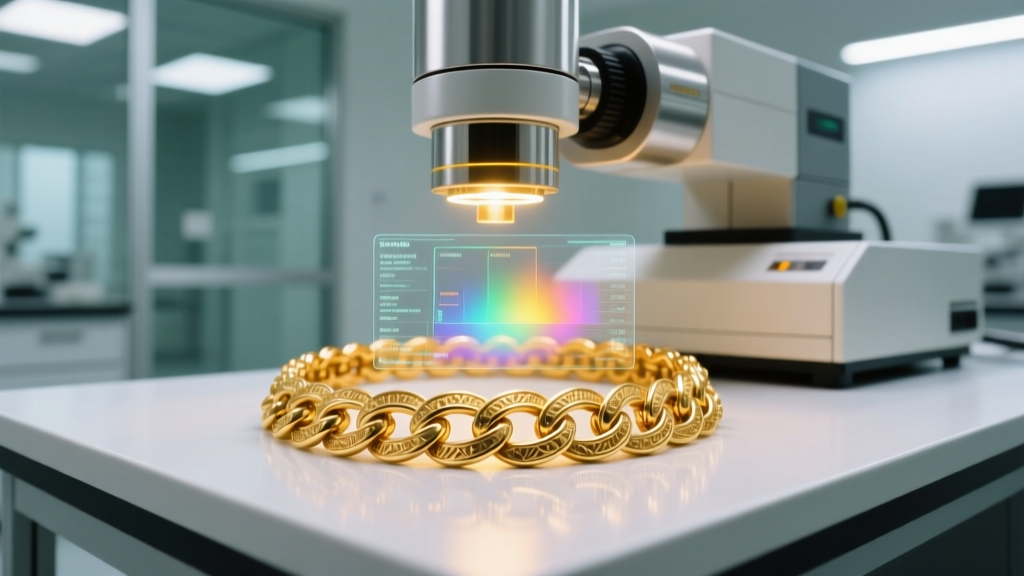 Digital X-ray fluorescence spectrometer analyzing a thick Cuban link gold necklace on a sterile white laboratory testing table