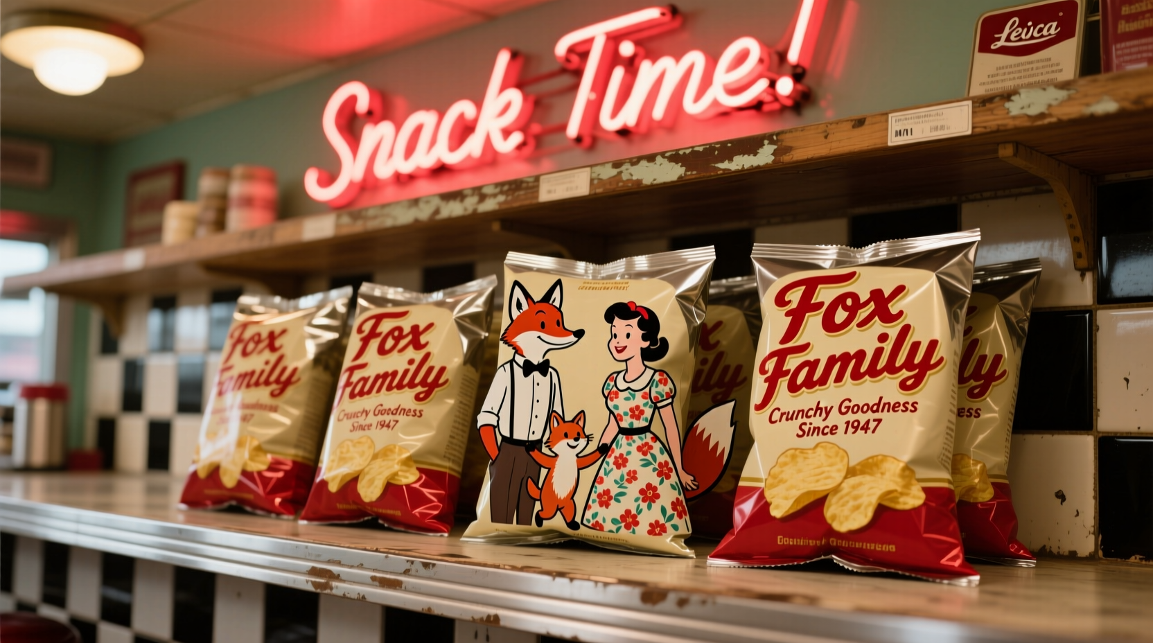 Vintage Fox Family potato chip packaging display