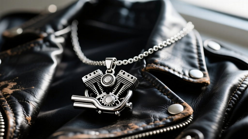 A rugged 316L stainless steel motorcycle necklace with a V-twin engine pendant resting on a worn black leather jacket in daylight.