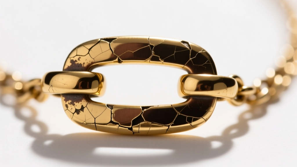 Macro photography showing wear on a flash-plated brass necklace clasp, revealing the darker base metal underneath the gold finish.
