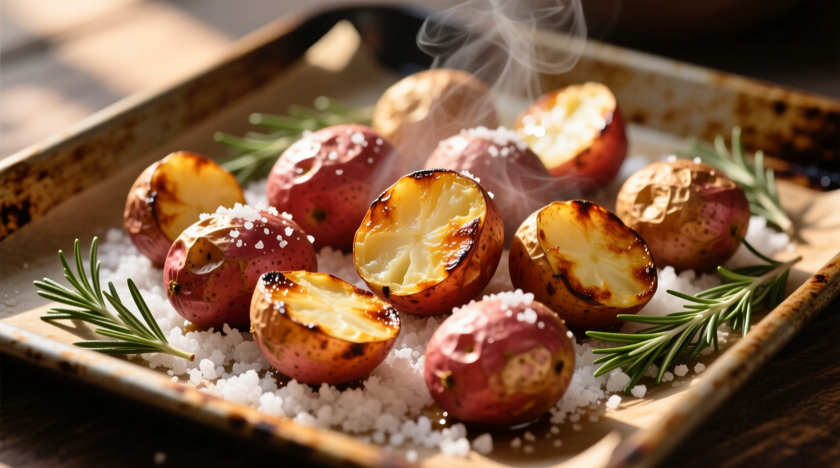 Golden roasted red potatoes on baking sheet
