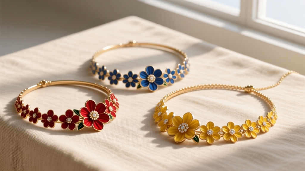 Flat lay of three different flower necklace chokers in varying lengths from 14 to 16 inches, arranged on beige linen.
