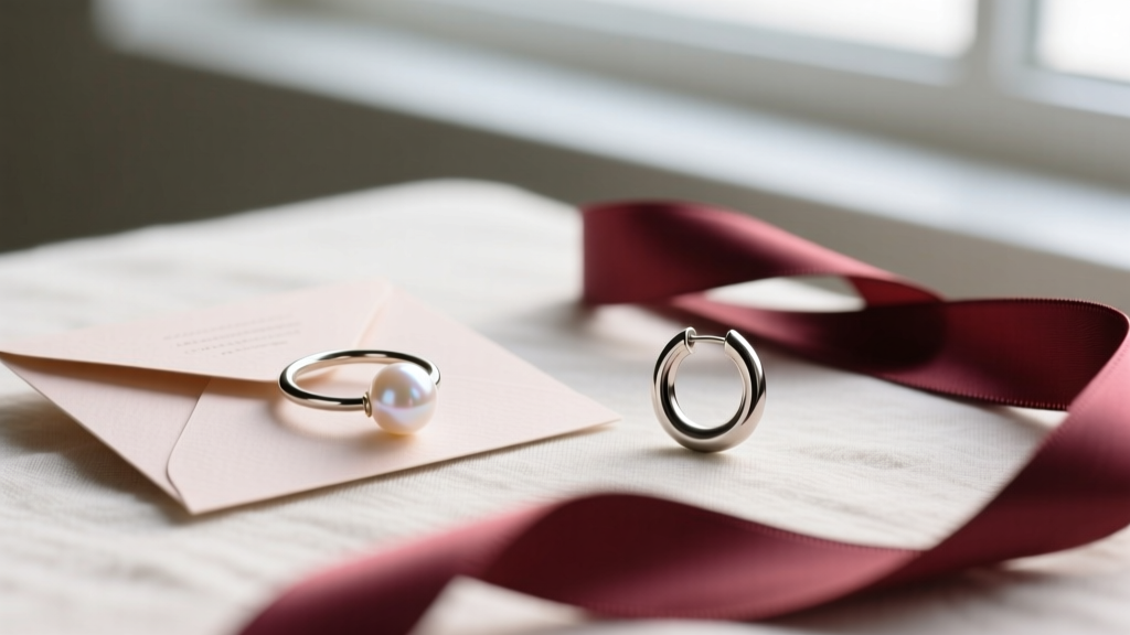 Pearl ear cuff and titanium huggie resting next to a greeting card and silk ribbon for a modern holiday jewelry gift guide photo