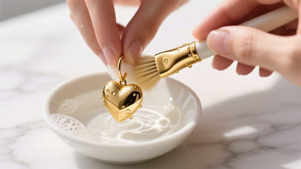 Hands gently scrubbing an 18k gold heart dangle earring with an extra-soft bristle brush in a small bowl of soapy water.