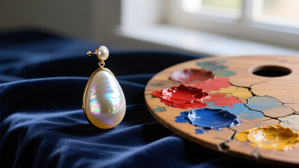 Close-up digital rendering of a massive 18mm teardrop pearl earring resting on velvet next to a 17th-century oil paint palette.
