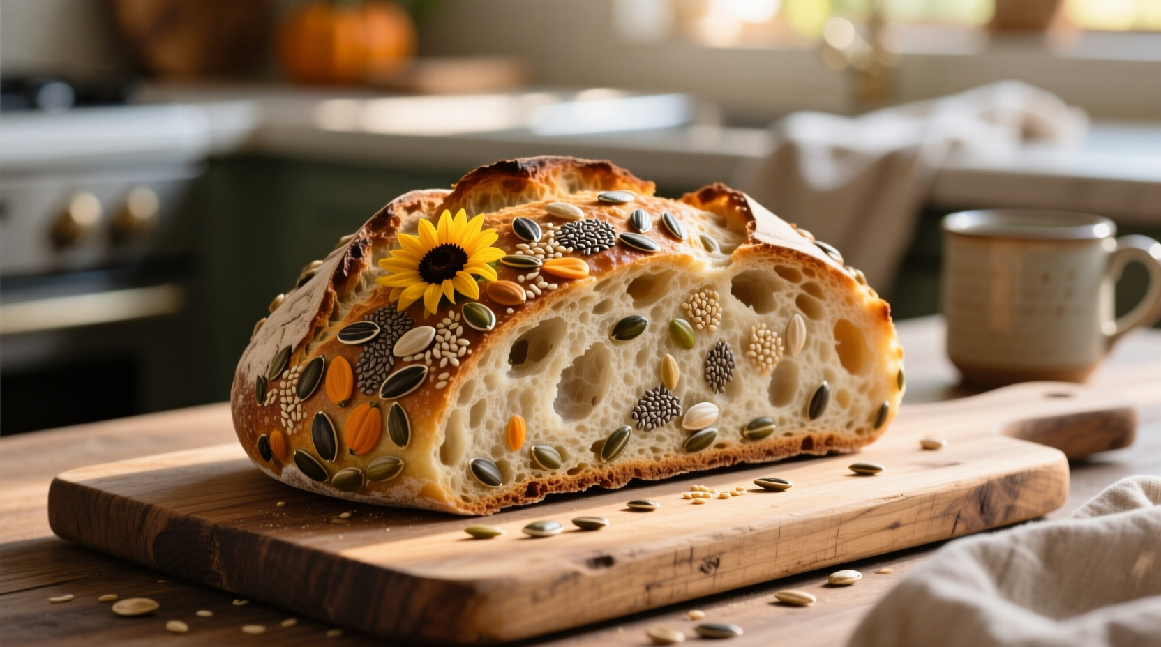 Artisan bread with assorted seeds on wooden board