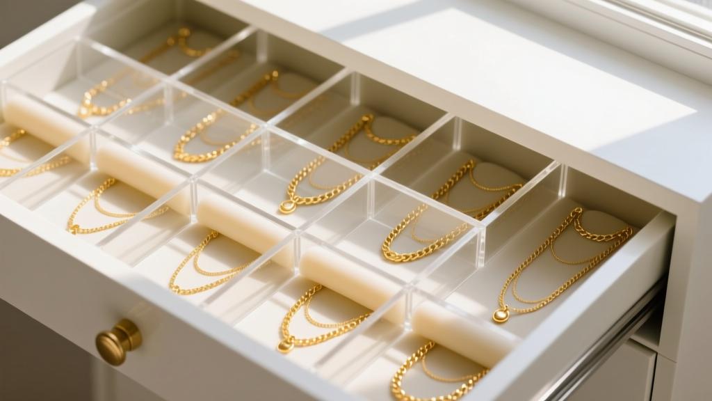 Top view of a retrofitted jewelry drawer with clear acrylic dividers and silicone inserts holding delicate gold chains neatly taut