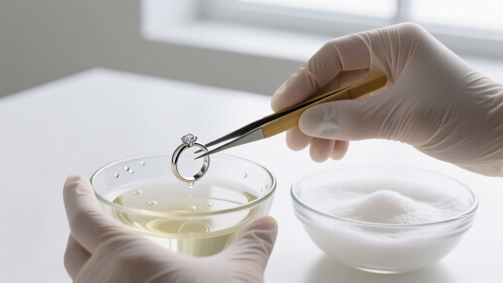 Nitrile-gloved hands using bamboo tweezers to lift a platinum band from a diluted vinegar bath into a baking soda rinse bowl.