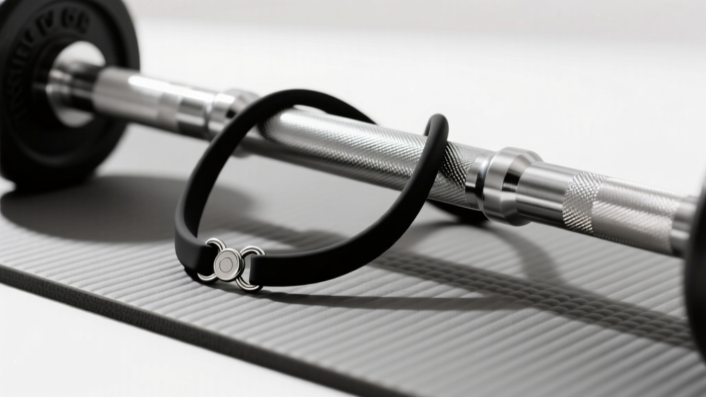 Black silicone weight lifting necklace with magnetic breakaway clasp resting on a rubber mat beside a knurled steel barbell.