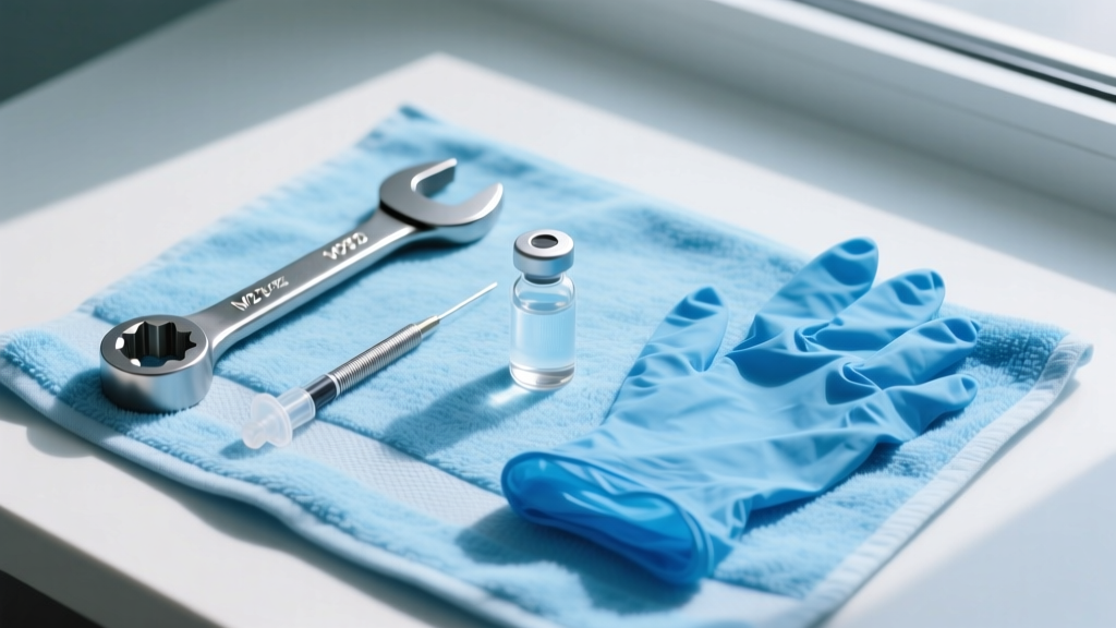 Flat lay of piercing tools including a steel dermal wrench, M2 taper, nitrile gloves, and saline on a clean blue medical towel