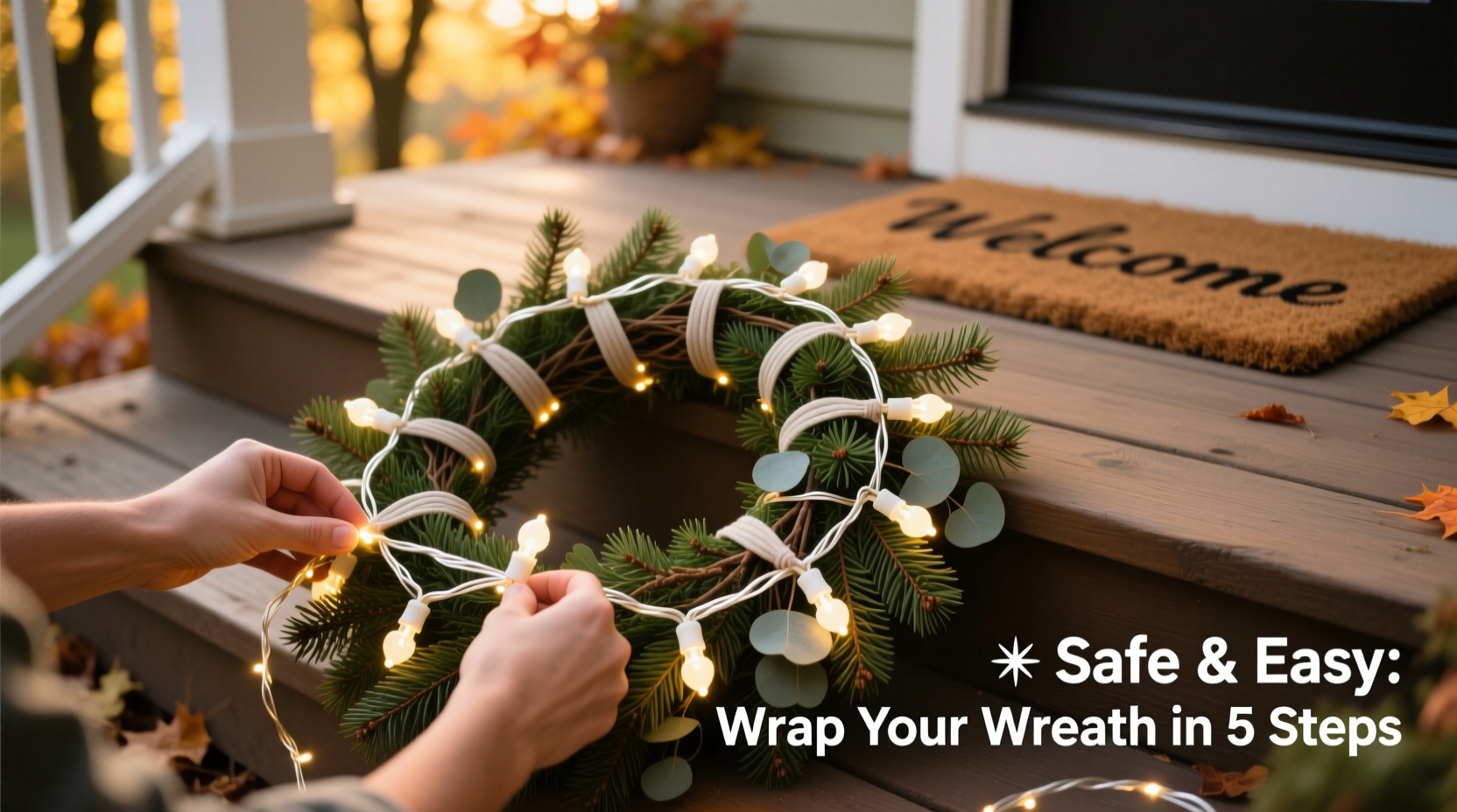 how to safely wrap a wreath with lights for a glowing front door statement